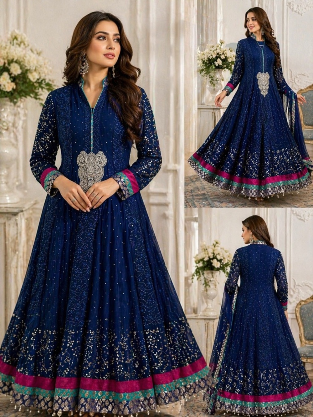 Elegant Navy Blue Embellished Anarkali kamdani Dress